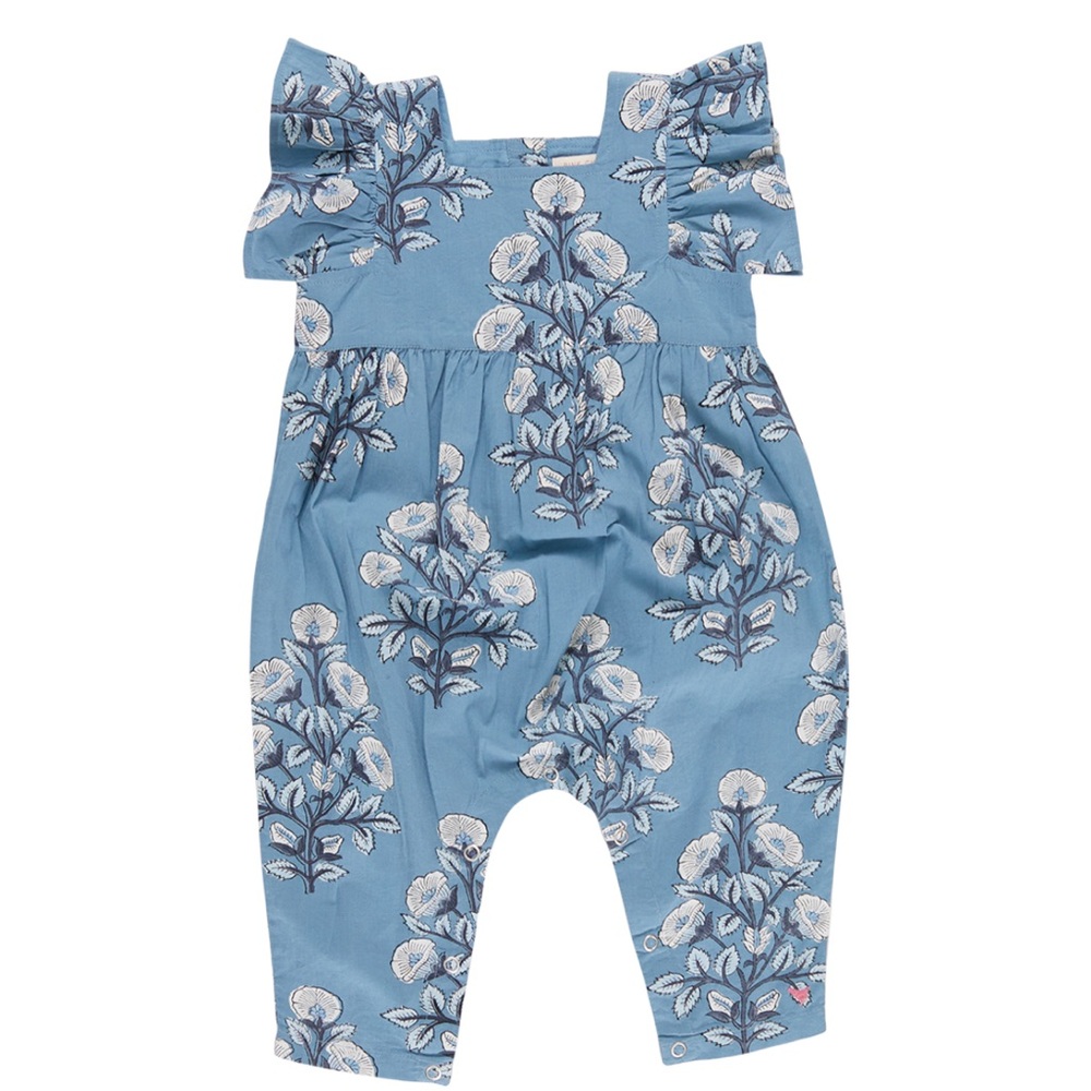 Pink Chicken Blue Floral Ruffle-Sleeve Romper